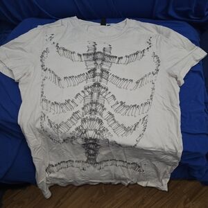 McQ White Graphic T-Shirt with Black Skeleton Made Of Safety Pins Design